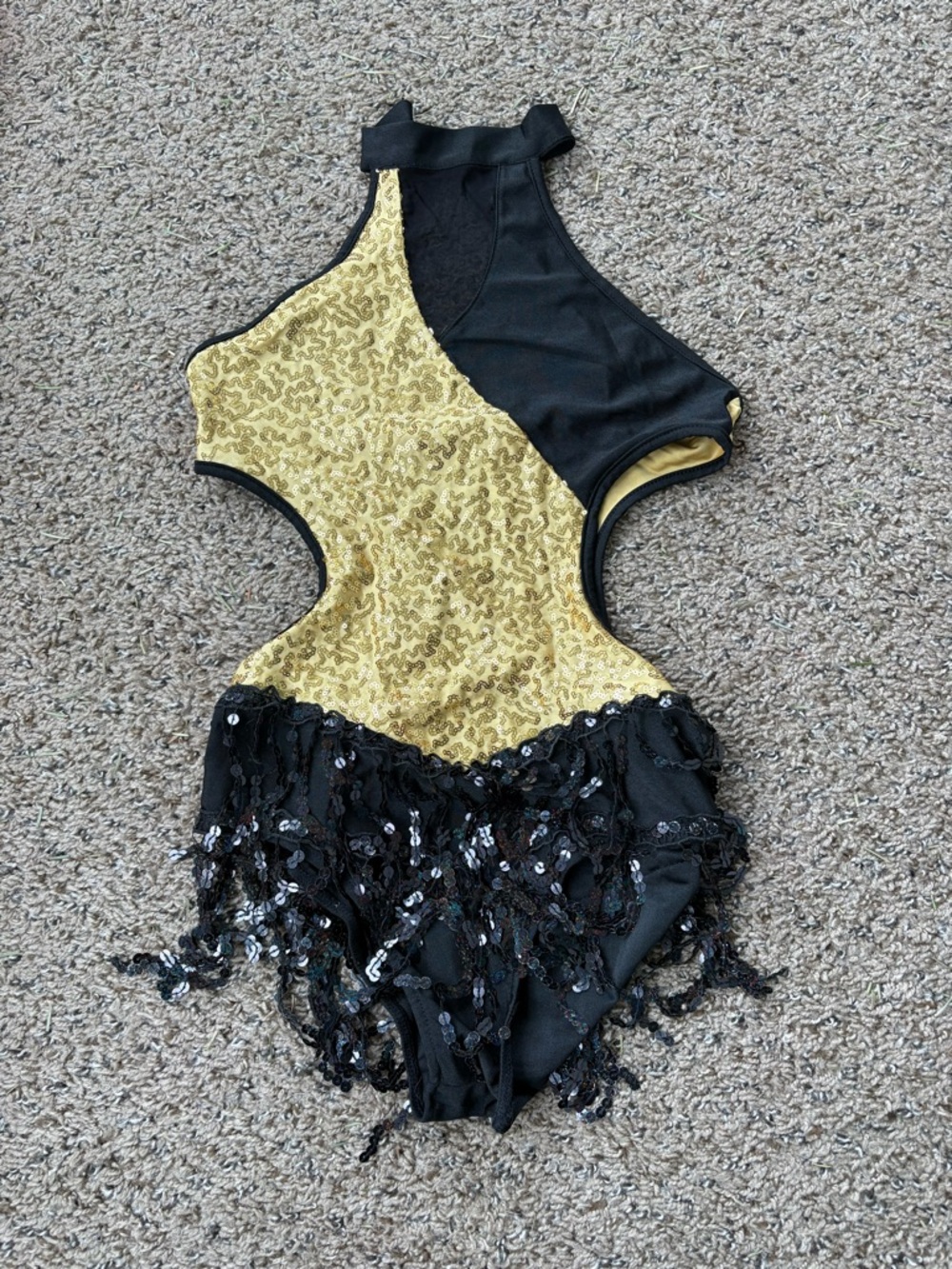 Girls Black and Gold Sequin Dance Leotard with Fringe